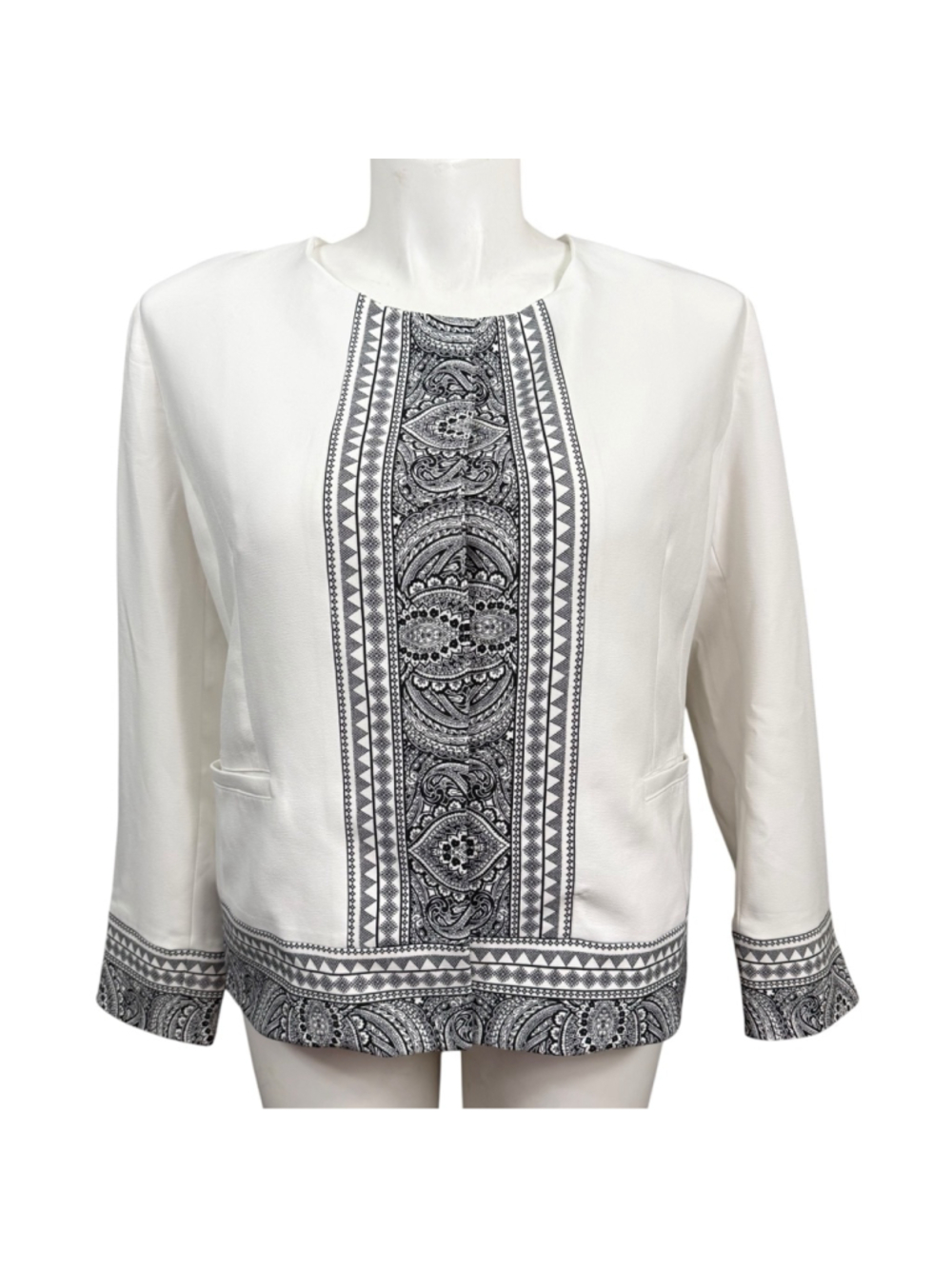 Chico’s White Black Paisley Print Jacket Blazer Size 12/14